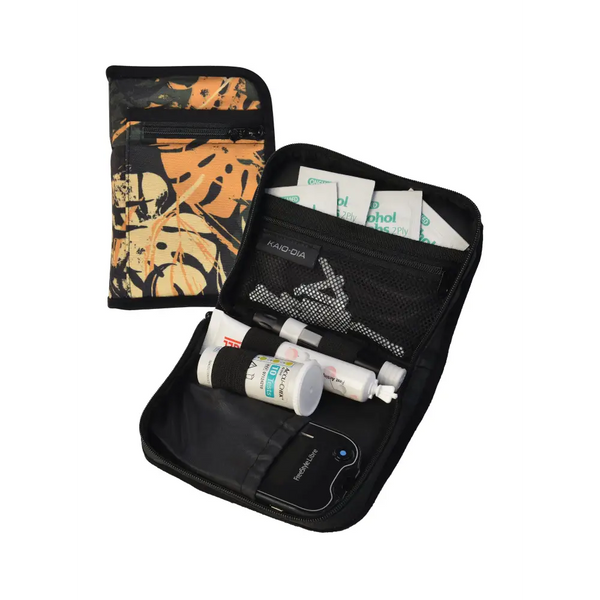 Compact diabetic travel case with compartments for glucometer, strips, and accessories.
