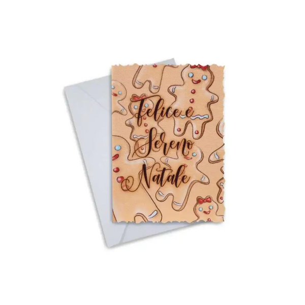 Elegant Christmas Greeting Card with gingerbread design and envelope.