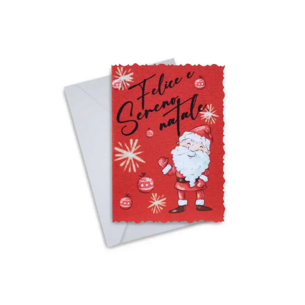 Elegant Christmas greeting card with Santa Claus design, text "Felice e Sereno Natale," and accompanying envelope.