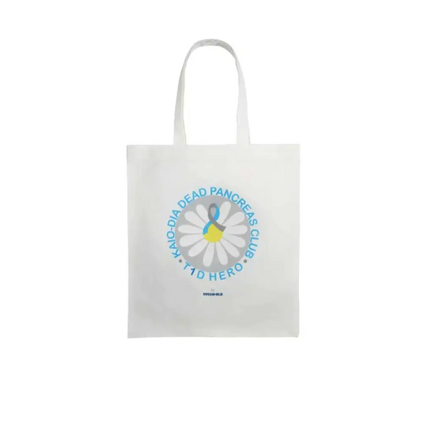 Diabetes Awareness Tote Bag with "Dead Pancreas Club" design and T1D Hero logo.