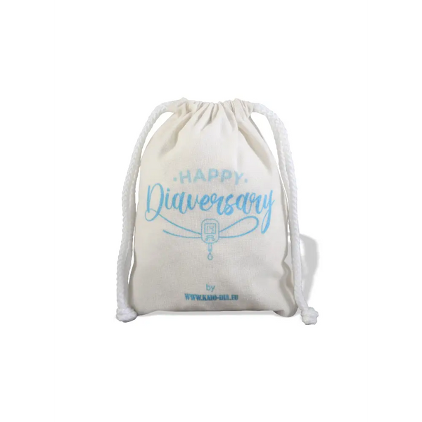 Kaio-Dia Diaversary Gift Bag closed view, showing 'Happy Diaversary' design and spacious interior, eco-friendly cotton.