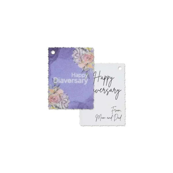Diaversary Gift Tags with floral and text designs on canvas, blank for personal messages.