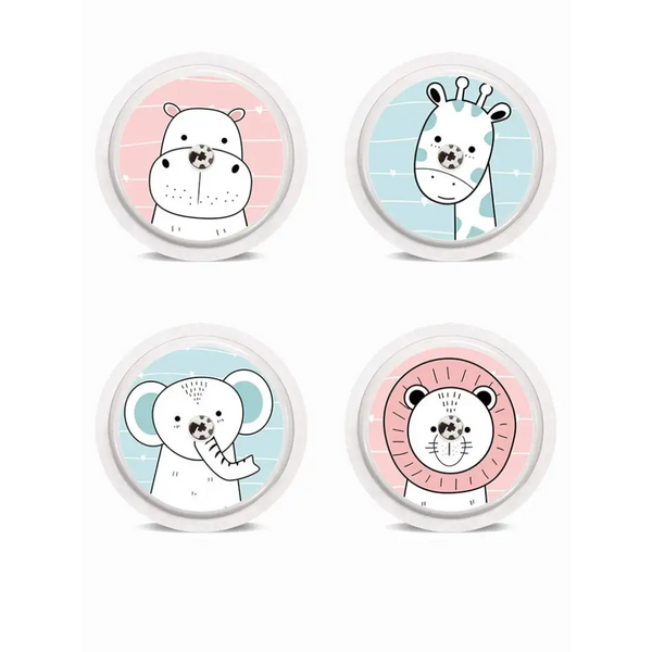 Freestyle Libre stickers with animal designs for sensor customization.