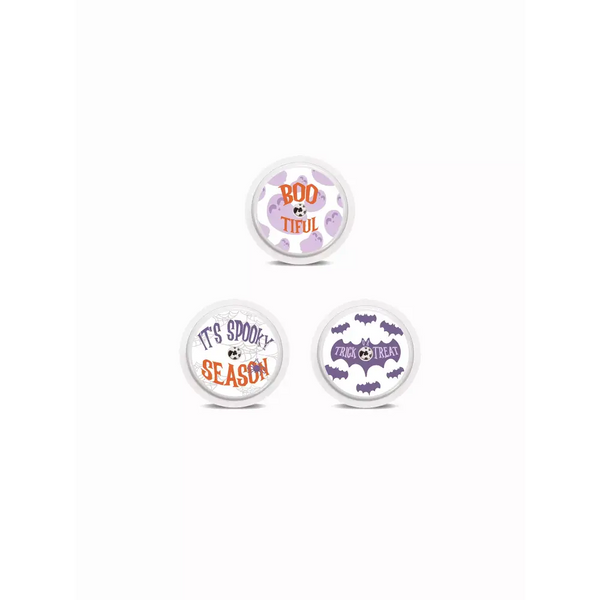Freestyle Libre 2 Halloween Stickers - Set of 3 with designs featuring 'Boo-tiful,' 'It's Spooky Season,' and 'Trick or Treat' in purple and orange accents.