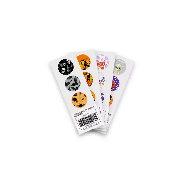Halloween-themed Freestyle Libre 3 stickers, featuring spooky and festive designs, for sensor protection and style.
