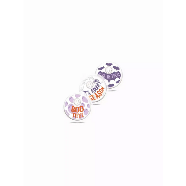 Halloween-themed Freestyle Libre 3 stickers featuring "Trick or Treat" and "Boo-tiful" designs for sensor protection.