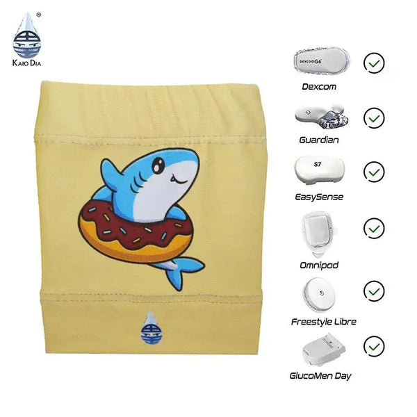 Sensor protective armband for children with diabetes featuring a cute shark design, compatible with various glucose sensors and insulin pumps.