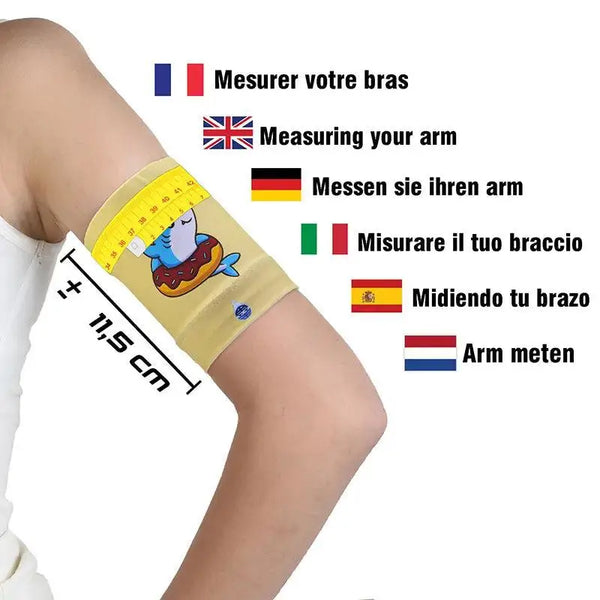 Sensor protective armband for kids with type 1 diabetes, featuring cute animal designs; demonstrates measuring arm size for Dia-Band fit.