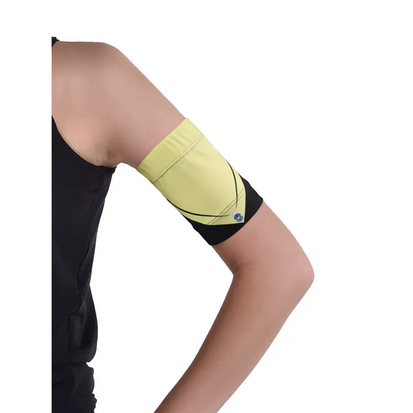 Yellow glucose monitor and insulin pump armband worn on upper arm with black and yellow design for active diabetes management