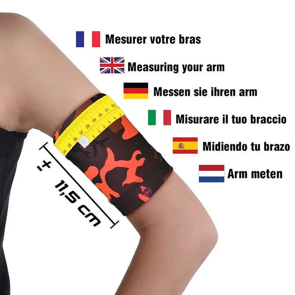 Insulin patch pump and sensor armband with vibrant design, featuring elastic band for stability during sports, showcased on arm with measuring tape.
