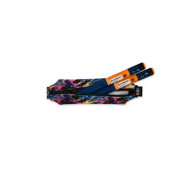 Insulin pen and diabetes supply holder pouch with colorful design, stretchable fabric, secure zipper, holding two insulin pens