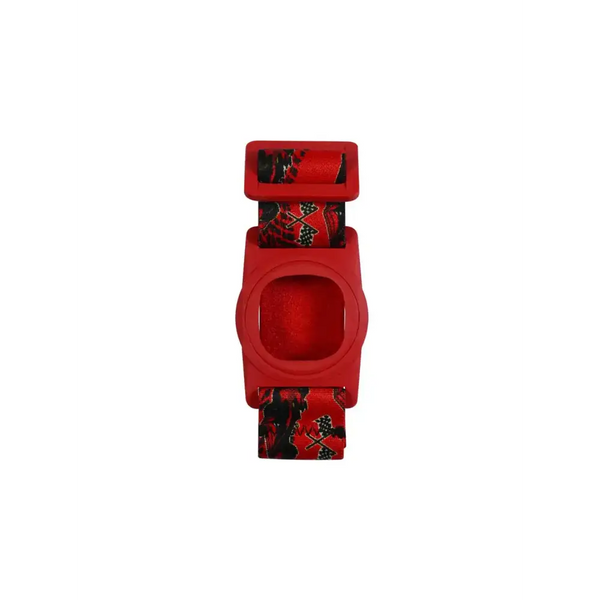 Medtronic Simplera armband for kids with a red whimsical print and rotating clip.