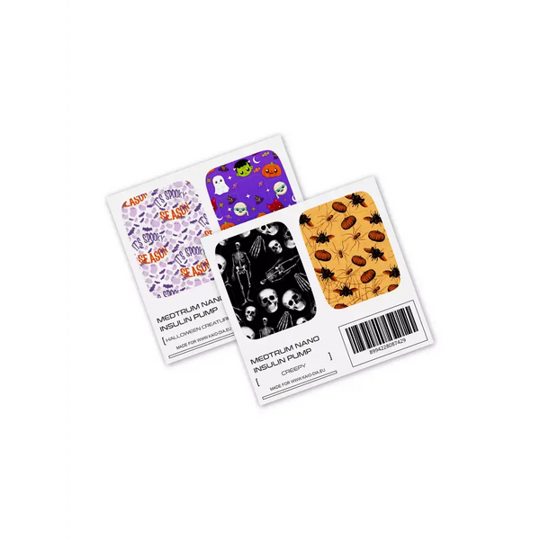 Medtrum Nano Pump Stickers Sheets - Assorted designs featuring 'It's Spooky Season,' Halloween creatures, skeletons, skulls, and spiders with pumpkins.