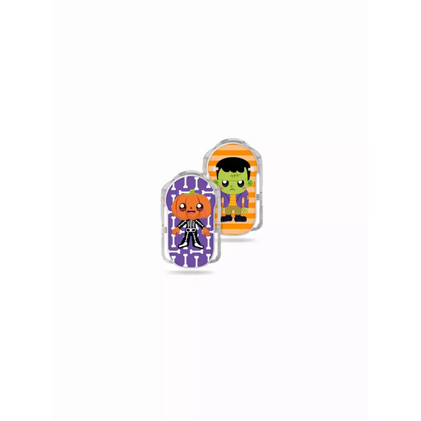 Medtrum Slim CGM Stickers - Set of 2 with Halloween creatures theme featuring a pumpkin head character and Frankenstein on colorful backgrounds.