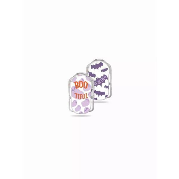 Medtrum Slim CGM Stickers - Set of 2 with 'Boo-tiful' and 'Trick or Treat' designs featuring ghosts and bats in purple and orange.