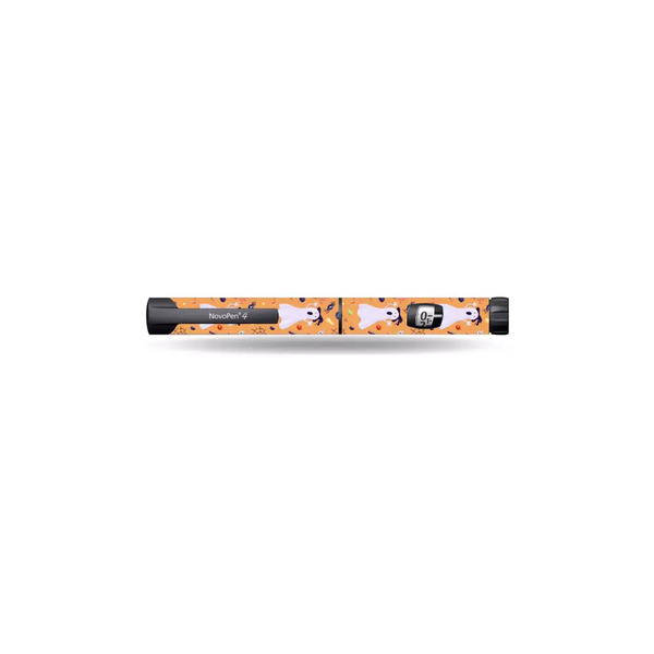 Novopen Echo insulin pen with Halloween-themed ghost and pumpkin sticker design