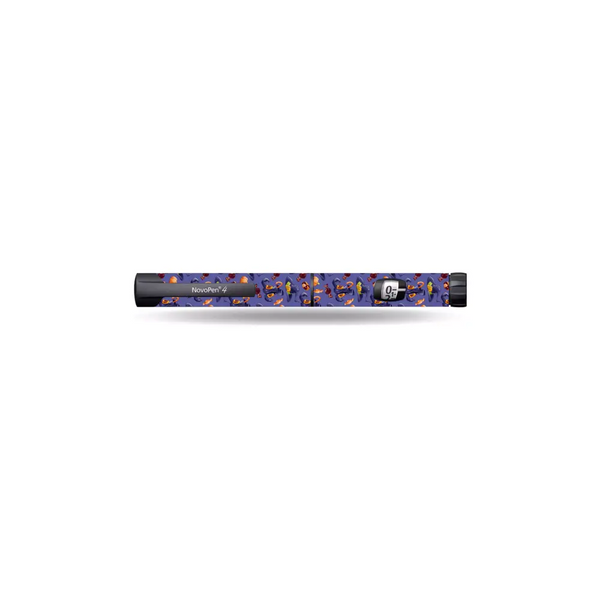 Novopen Echo insulin pen with Halloween-themed spooky stickers featuring shadowy figures and eerie nightscapes