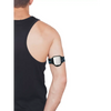 Omnipod insulin patch pump armband on person's upper arm, showcasing adjustable Dia-Style design for active lifestyle.