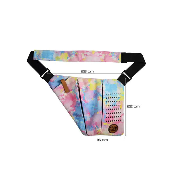 Colorful Dia-Go! shoulder bag with cooling system, designed for active diabetics; vibrant summer print, multiple compartments, dimensions 28x22x16 cm.