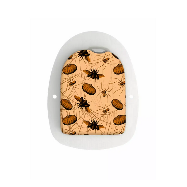 Omnipod Stickers - Spiders, pumpkins, and webs design on an orange background.