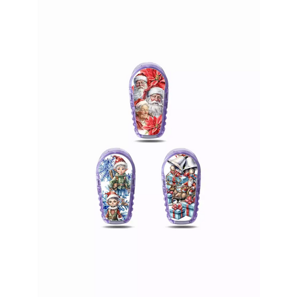 Christmas-themed Dexcom G6 sensor stickers with Santa, elf, and reindeer designs for festive health monitoring.
