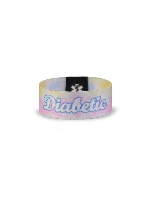 Reversible Diabetes Awareness Wristband with "Diabetic" lettering and summer vibes design.