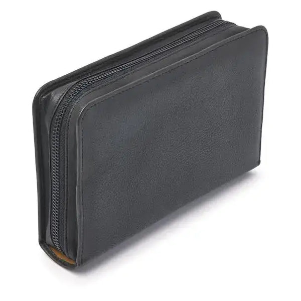 Stylish leather diabetic travel case with zip closure.