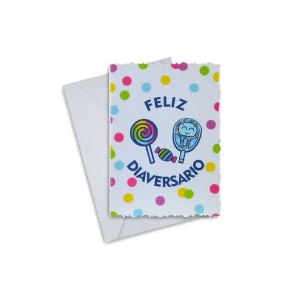 Colorful Diaversary card with candy designs, celebrating diabetes milestone.