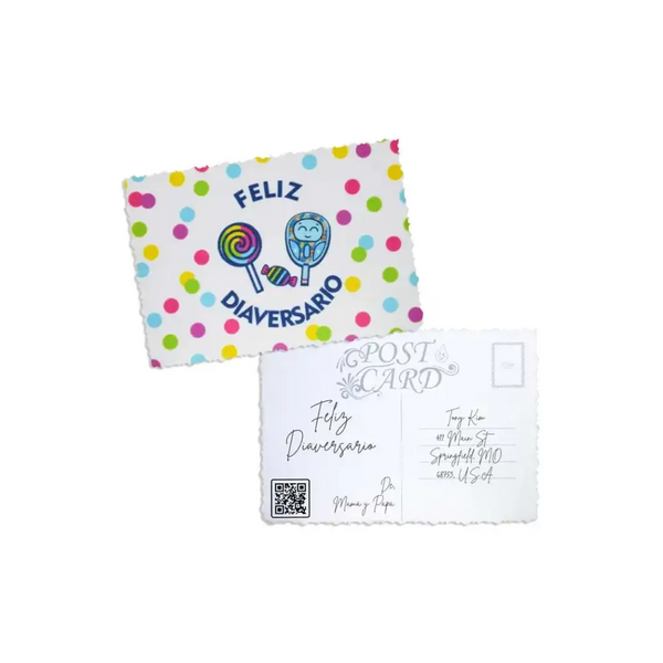 Diaversary Postcards with vibrant polka dot design and festive icons, perfect for celebrating a diabetes anniversary.