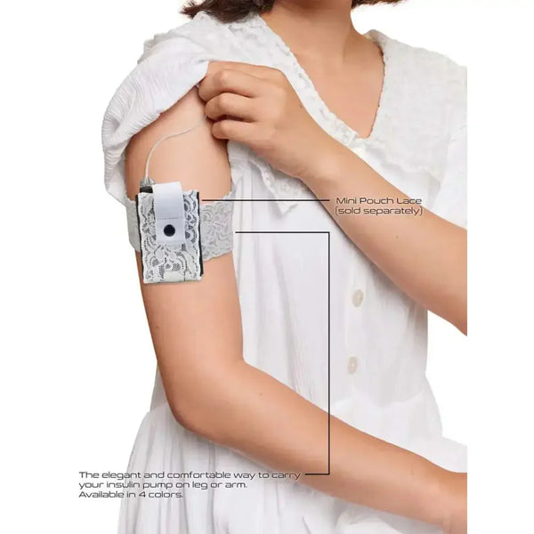 Insulin pump arm band in lace, adjustable for comfort and style, featuring elegant design and secure fit.