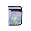 Unicorn-print diabetic travel case for children, featuring compartments for glucose meter and supplies.