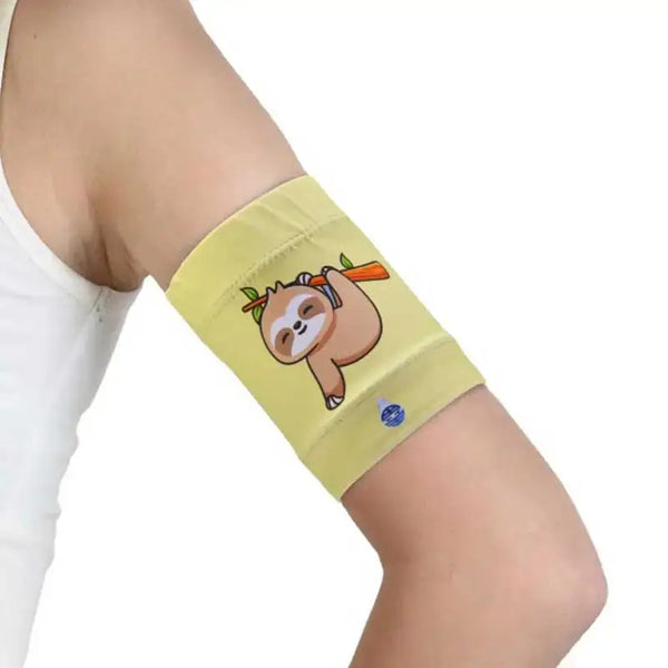 Kids funny animals armband for sensor protection, featuring cute designs like sloths, ideal for children with type 1 diabetes.