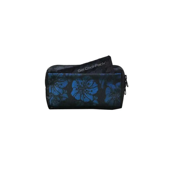Horizontal insulin pump case with vibrant floral design and gel cool-pack, designed for comfort and temperature control.