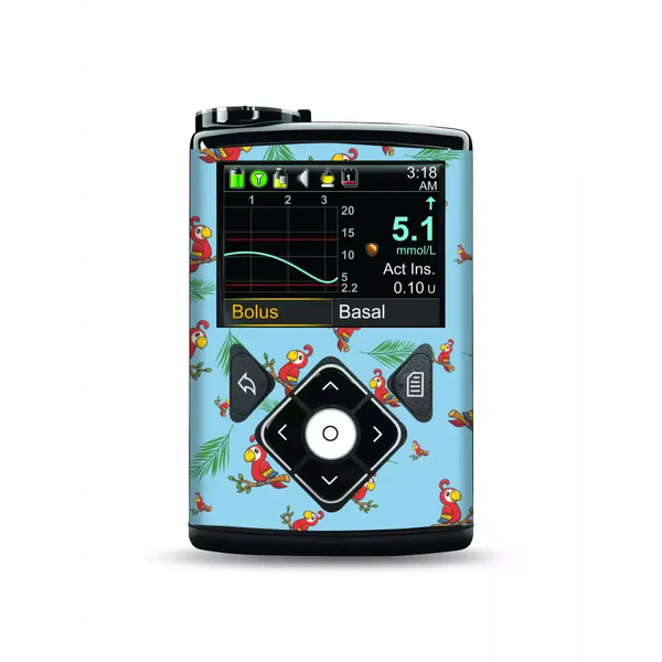 Medtronic MiniMed insulin pump with colorful funny animal decorative sticker, compatible with 670G, 770G, 630G, 640G models, water-resistant vinyl design.