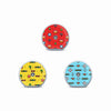Three Accu-Chek SmartGuide sensor stickers in red, yellow and blue pixel-art designs with playful summer icons.