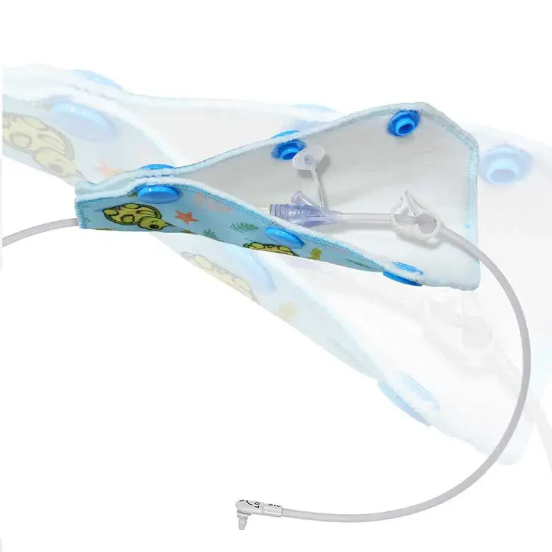Kaio-Tube feeding tube port cover in a blue cartoon pattern, designed for comfort and protection of the port. Image