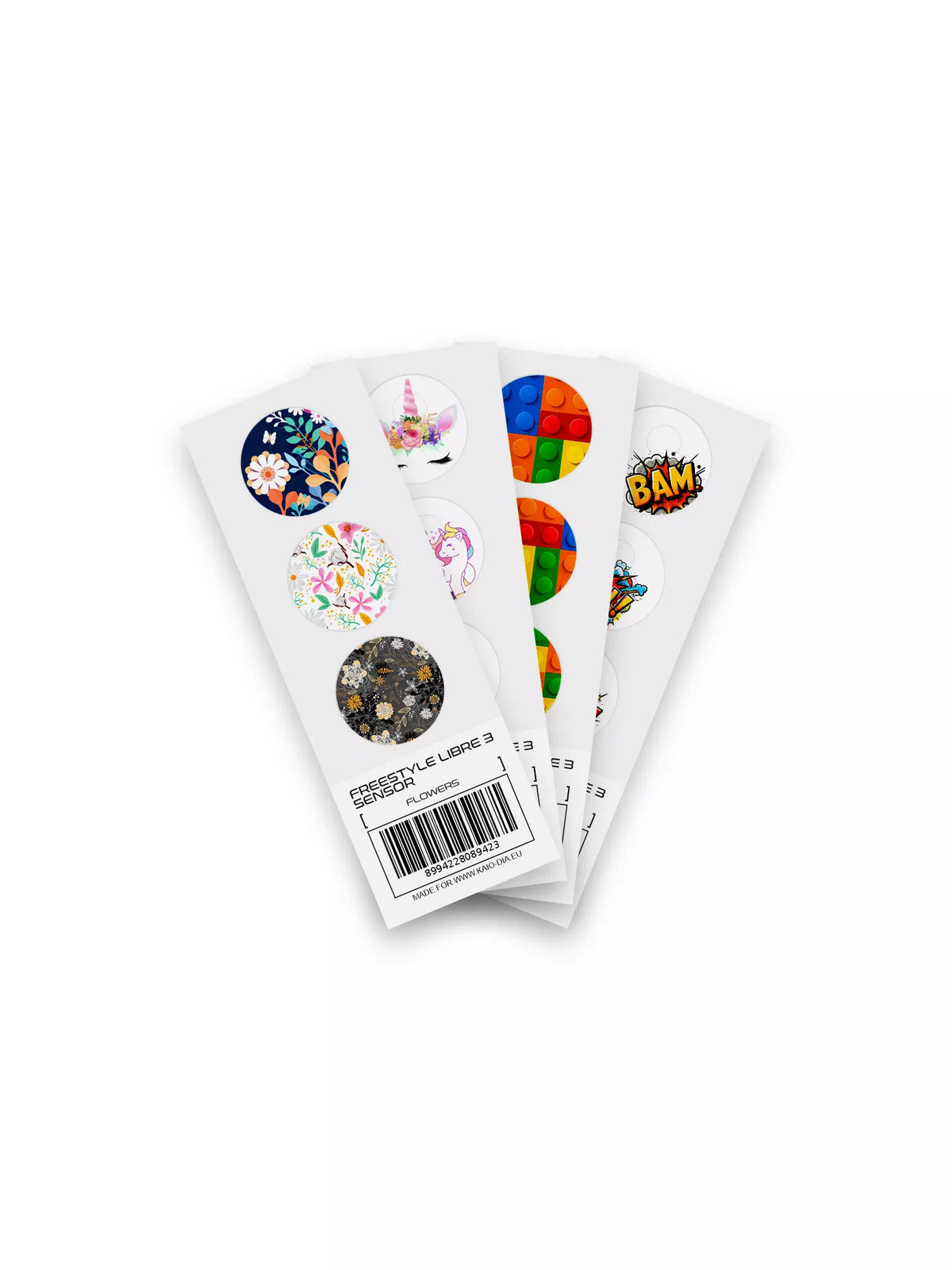 Fun Vibes Blood Glucose Sensor Stickers collection featuring designs like Flowers, Unicorn, Lego, and BAM! for Dexcom G7, Freestyle Libre, and more. Non-removable decals for CGM protection. Image
