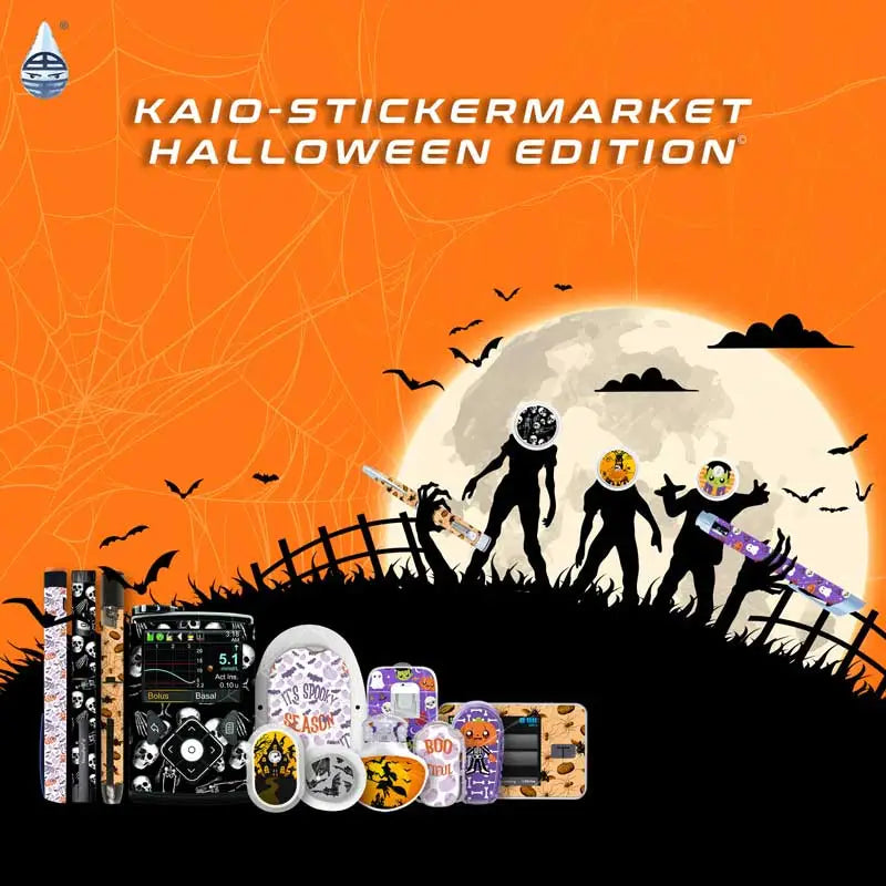 Halloween-themed image with zombies holding diabetes devices covered in Halloween stickers. "Kaio-Stickermarket Halloween Edition" text above. Image