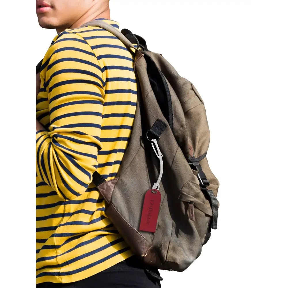 Diabetic luggage tag on backpack, high-quality acrylic, durable, stylish, clear identification for diabetic supplies.