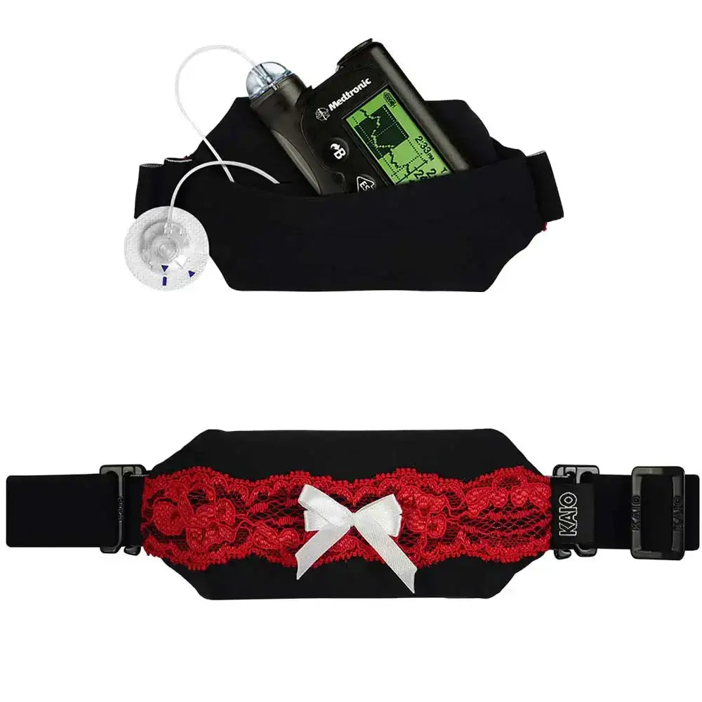 Elegant versatile insulin pump pouch with lace detailing and a charming bow, suitable for secure and discreet use.