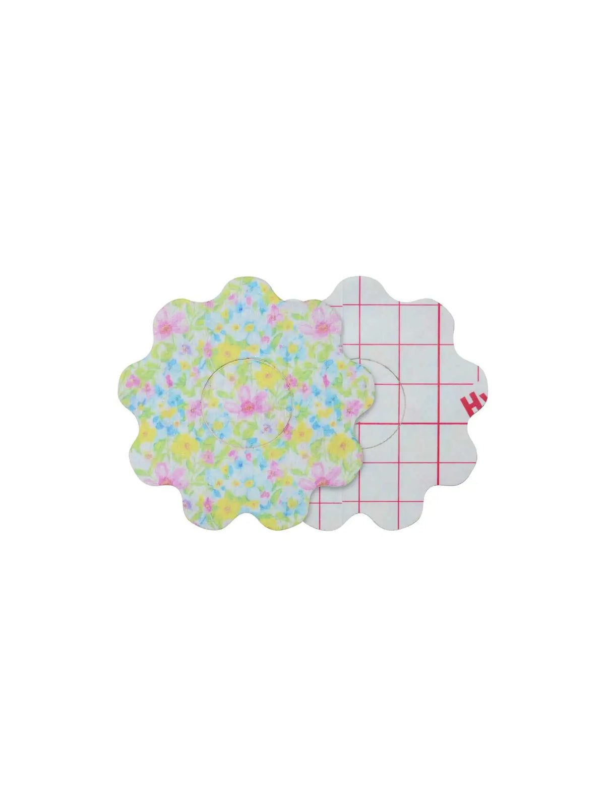 Patch adhésif enfant FreeStyle Libre 3, forme fleur, recto et dos avec film protecteur