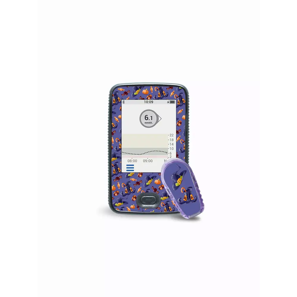 Dexcom G6 Halloween edition stickers on receiver and transmitter.