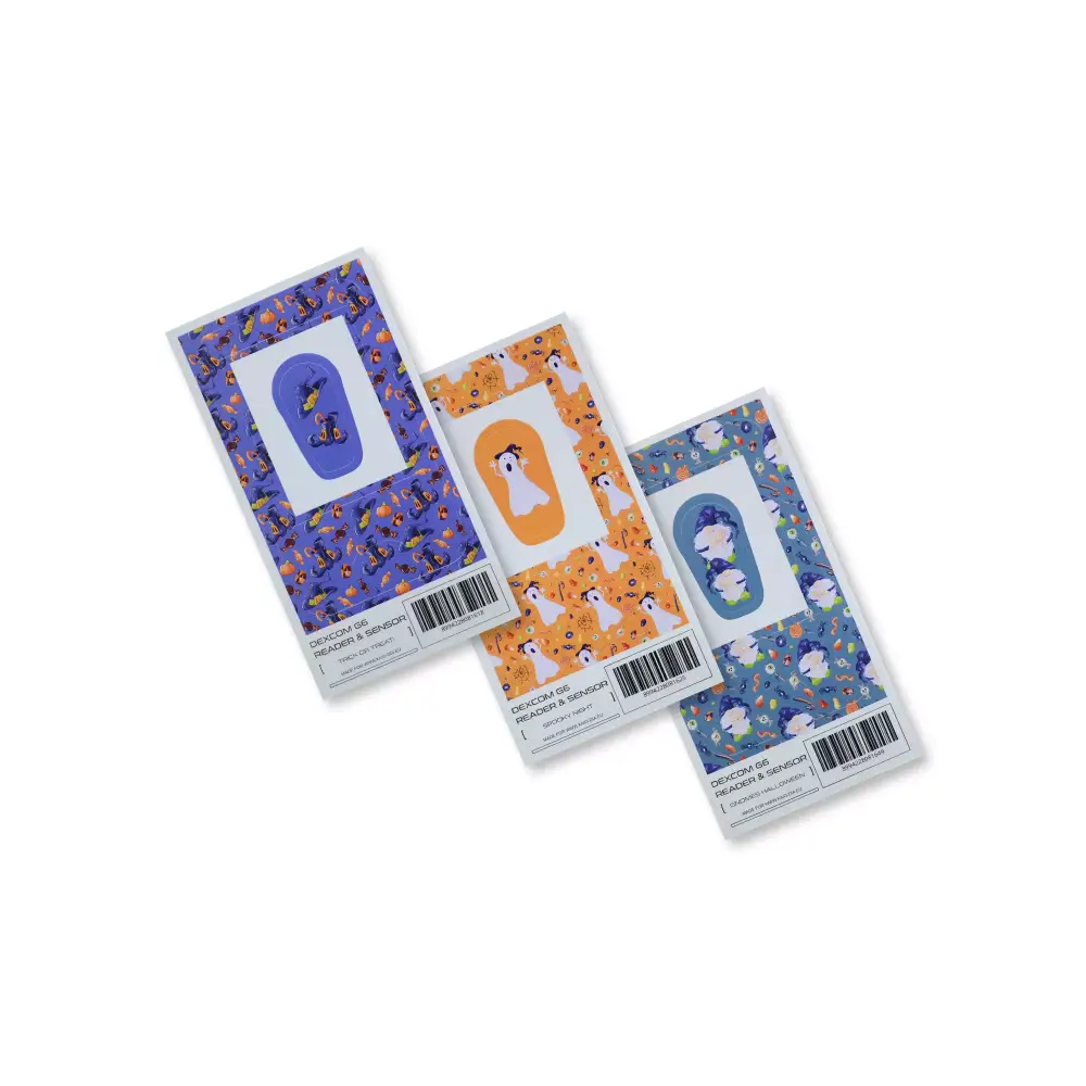 Dexcom G6 Receiver and Transmitter Stickers - Halloween Edition with spooky designs.