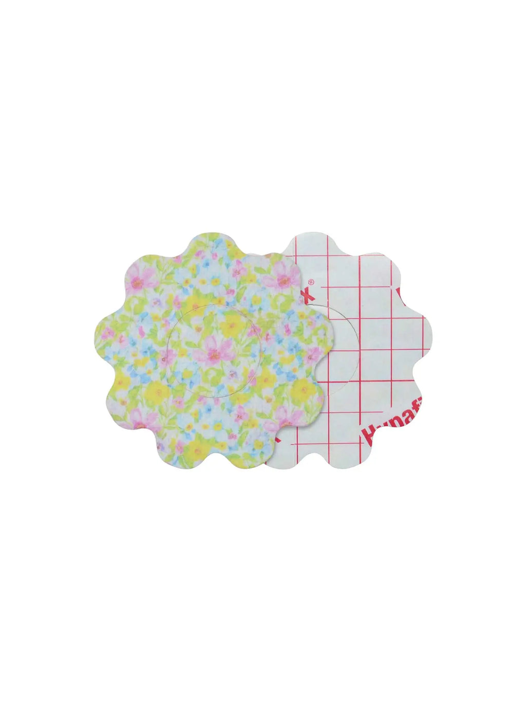 Patch adhésif enfant FreeStyle Libre 2, forme fleur, recto et dos avec film protecteur