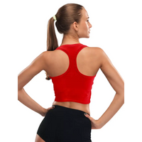 Woman wearing a red insulin pump adaptive crop top from the Dia-Crop Top collection, showcasing back design and comfort fit, ideal for managing diabetes stylishly.