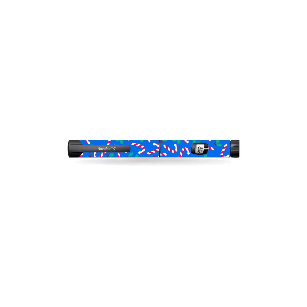 Novopen Echo 4 and 5 Insulin Pen with Christmas Edition Sticker displaying festive candy cane design.