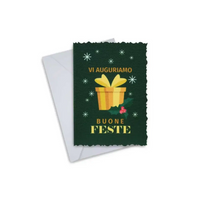Elegant Christmas greeting card with gift design, featuring "Vi Auguriamo Buone Feste" message, includes envelope.