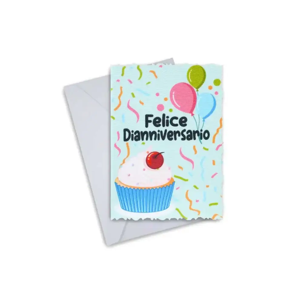 Diaversary greeting card with colorful balloons and a cupcake design.