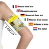 Blood glucose sensor armband for children featuring fauna and flora design, shown on an arm with a measuring tape for size reference.