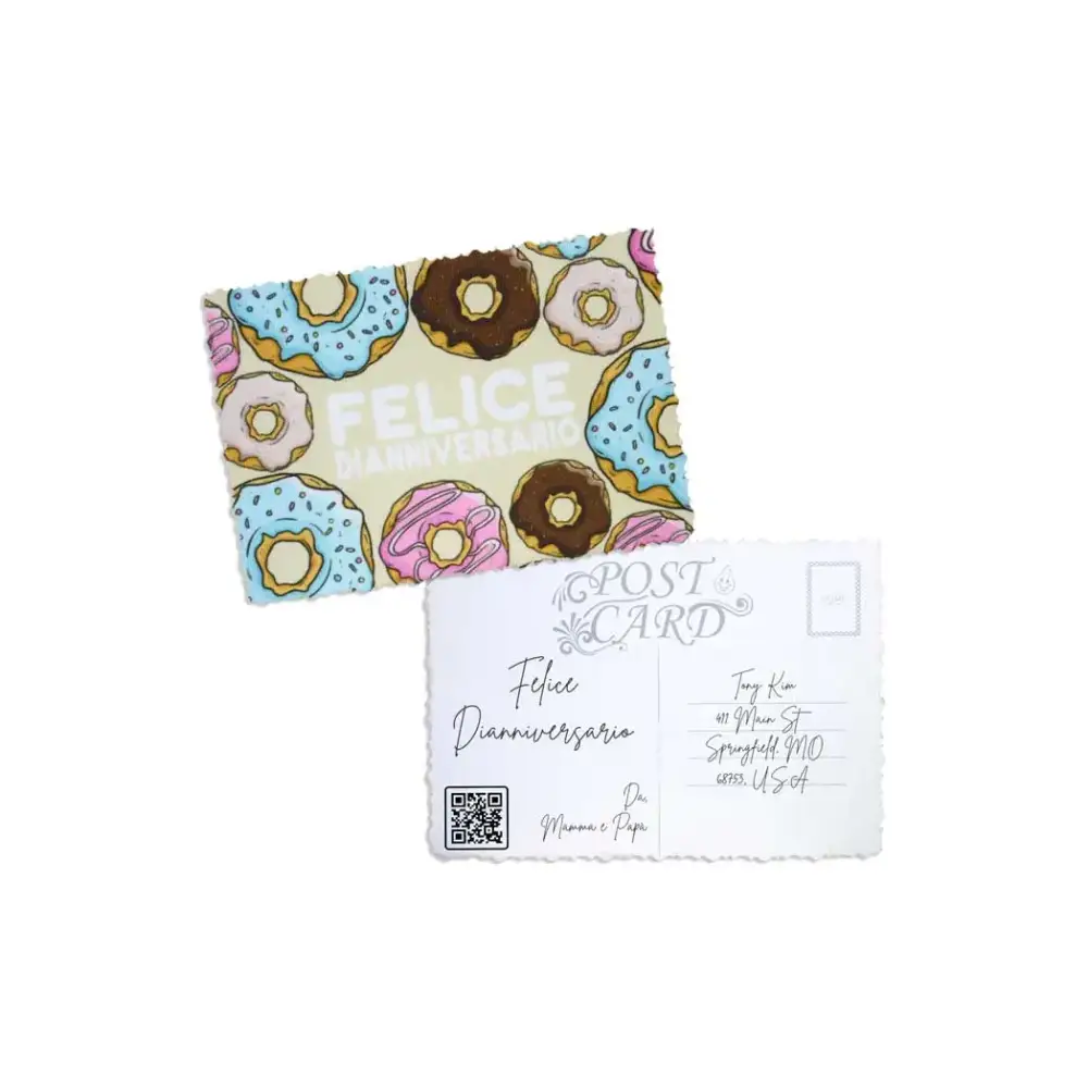 Diaversary postcards featuring colorful donut design and handwritten message.